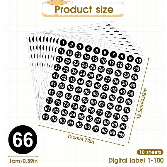 1-100 Round Number Stickers, 10 Sheets Consecutive Labels, Self-Adhesive 0.4" Small Numbered Stickers for Office, Home, Kitchen, Classroom