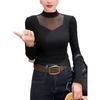 Plus Size Velvet Mesh Patchwork High Neck Long Sleeve Top for Women - Slimming & Versatile Fall/Winter Style for Curvy Figures
