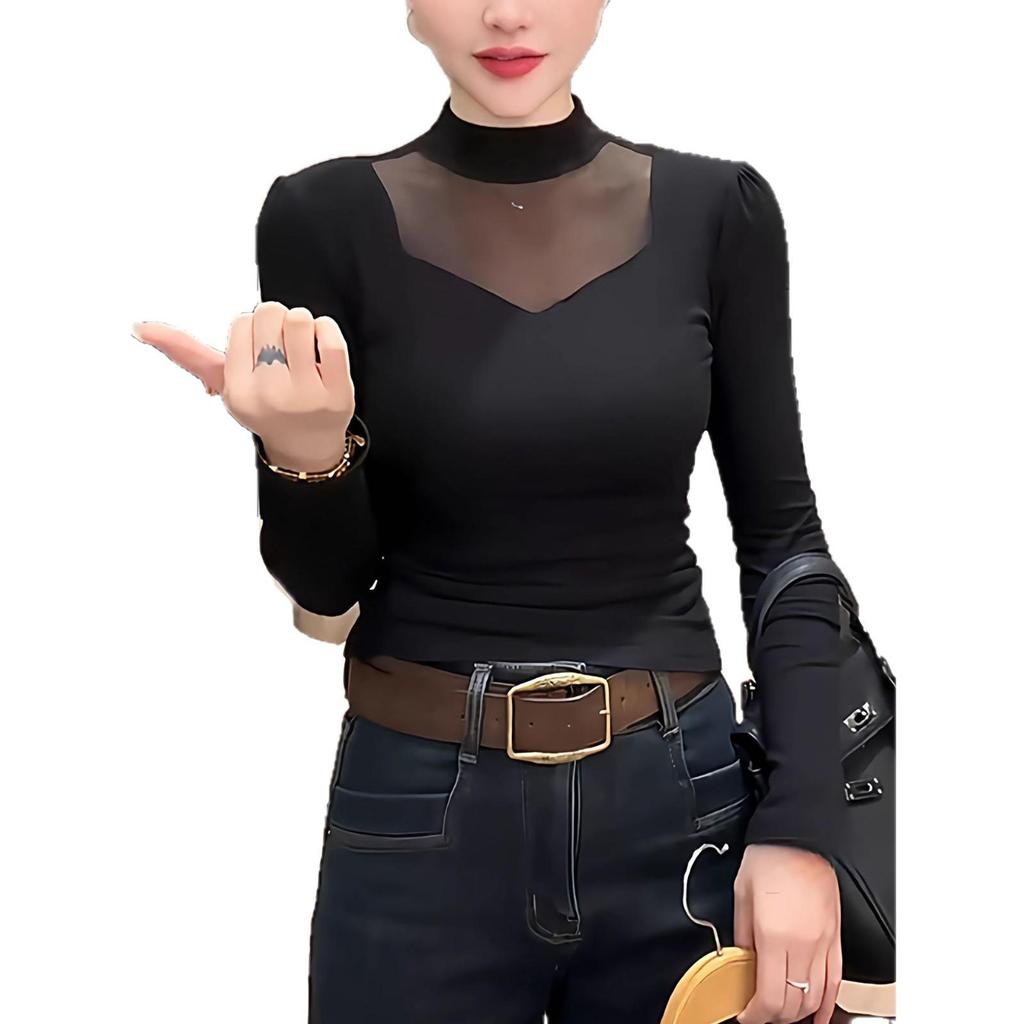 Plus Size Velvet Mesh Patchwork High Neck Long Sleeve Top for Women - Slimming & Versatile Fall/Winter Style for Curvy Figures