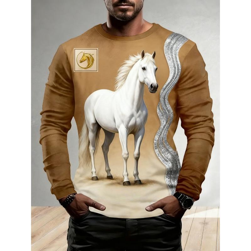 Men's T-Shirt Running Horse Graphic 3D Print Fashion Long Sleeve Crew Neck Tee Shirt Casual Summer Personality Men's Top