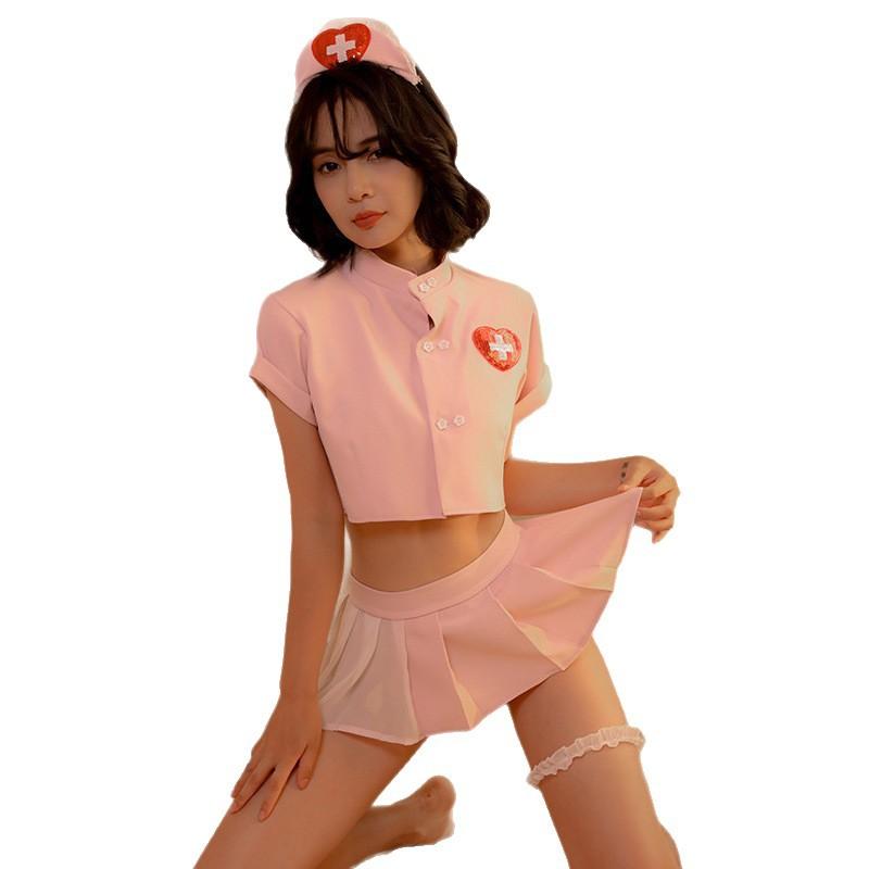Sexy Dessous-Uniform Verführung Krankenschwester Cosplay Süßes durchsichtiges Oberteil Sexy Faltenrock geteilter Anzug