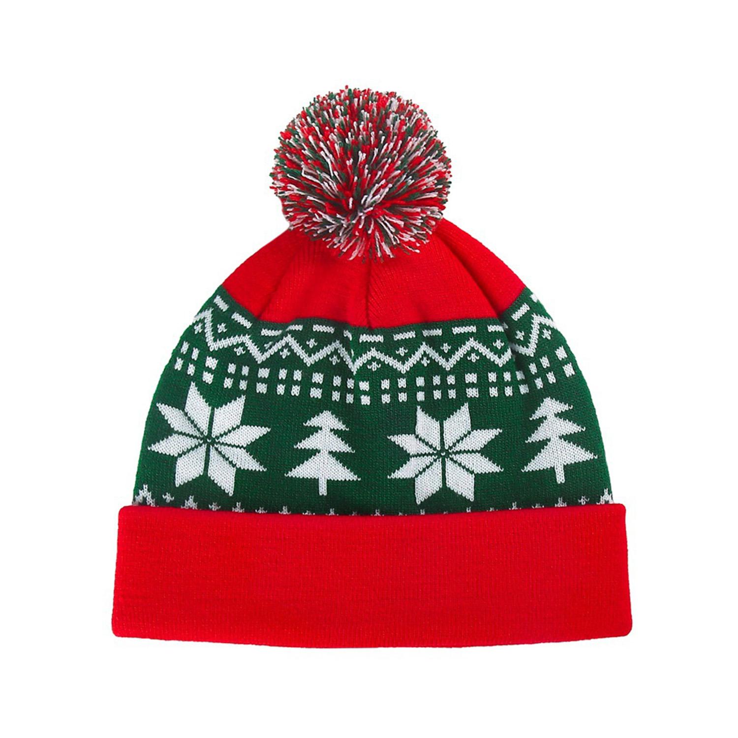 

Унисекс Рождественская вязаная шапка-бини, Шапка с помпоном и узором «Снежинка», Теплый зимний праздничный головной убор красный