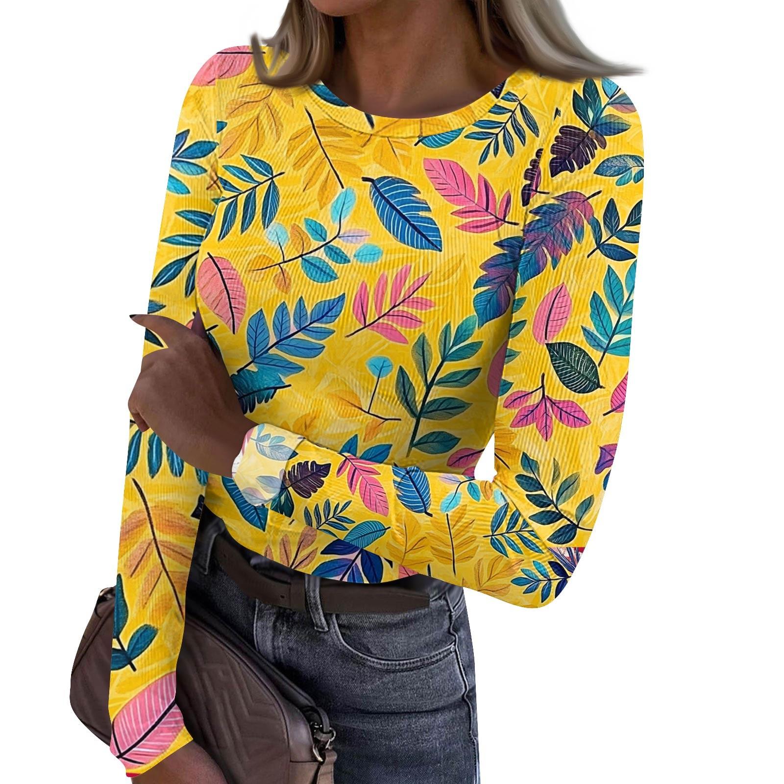 

Женская и зимняя футболка с тонким низом, модная повседневная футболка с градиентным принтом и круглым вырезом, пуловер с длинным рукавом L жёлтый