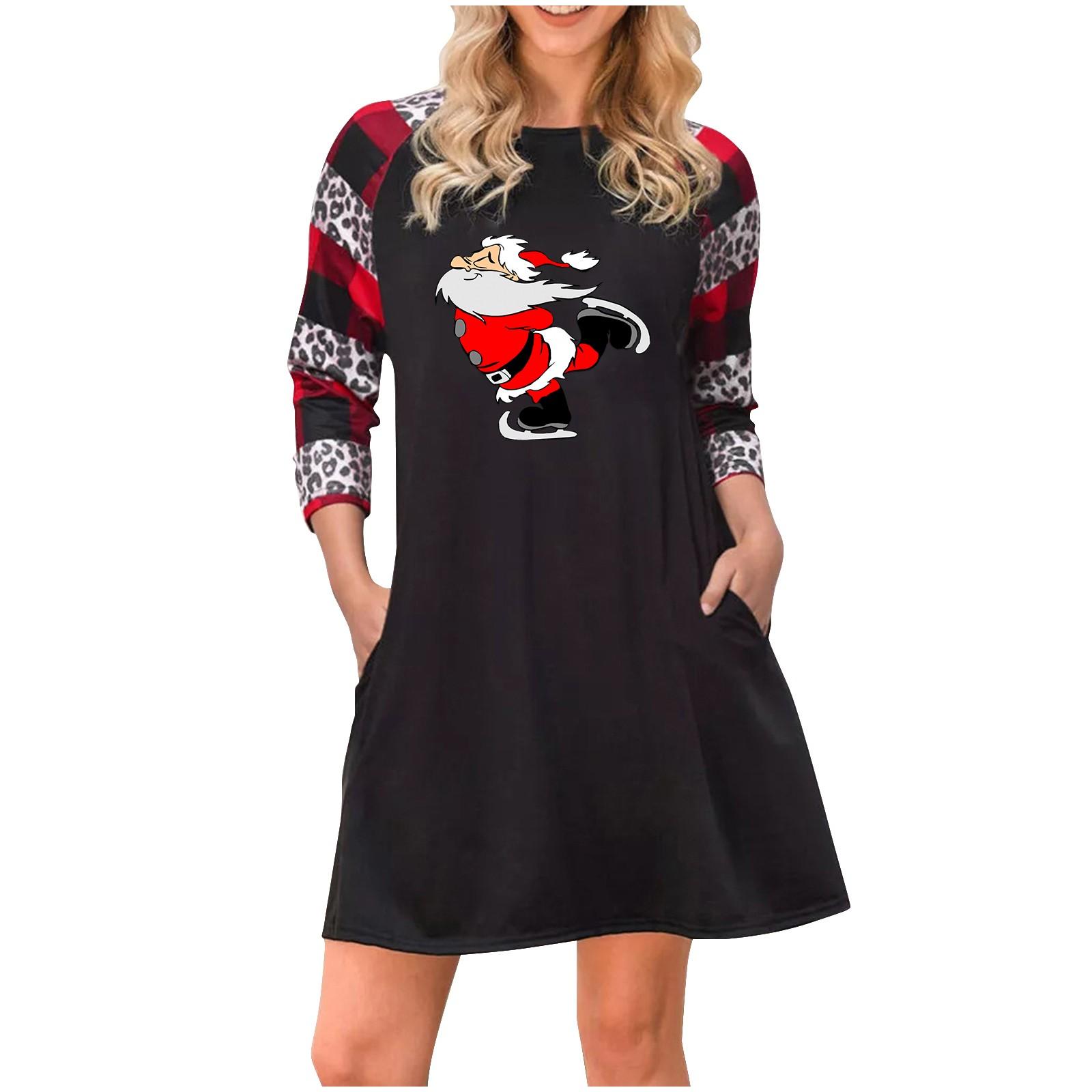 

Women Christmas Print Long Sleeve Tunic Dresses Pockets Plus Size T-shirt Dress M чорний