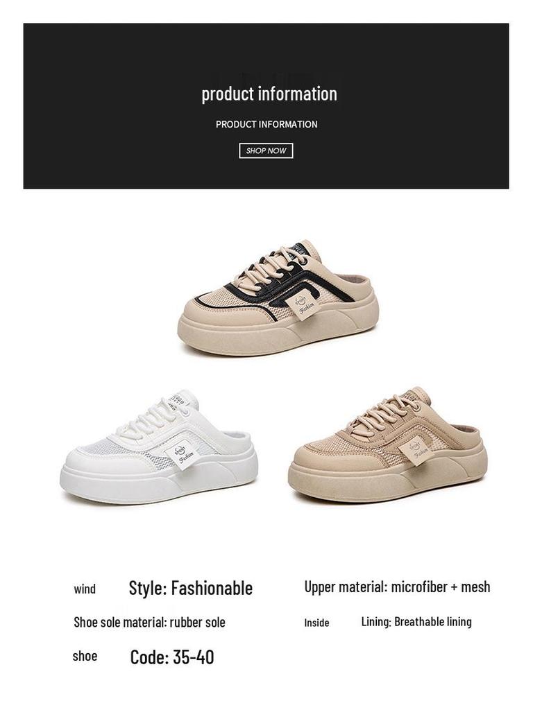 Women's 2025 Summer Breathable Mesh Slip-On Half-Slippers – Lightweight, Thick-Soled, Closed-Toe White Shoes.