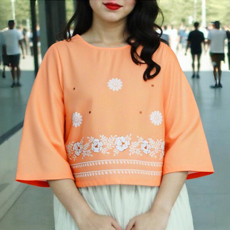 

ZANZEA Женская повседневная блузка с круглым вырезом и рукавом 3/4 с принтом 5XL оранжевый