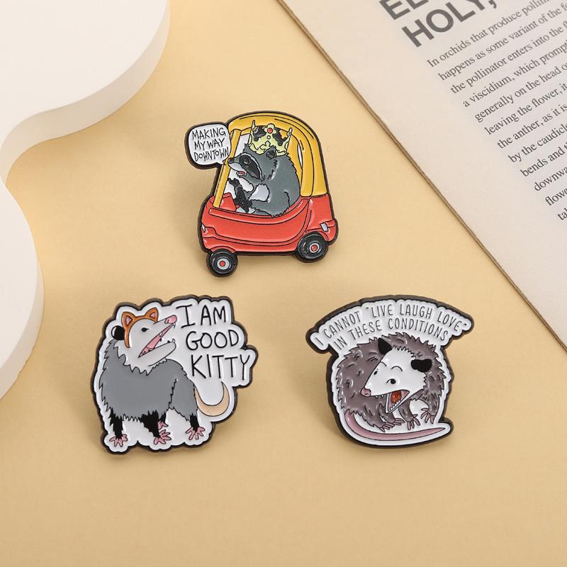 Opossum Raccoon Enamel Pins Trash Panda Good Kitty Brooches Lapel Badges Cartoon Animal Jewelry Gift for Friends
