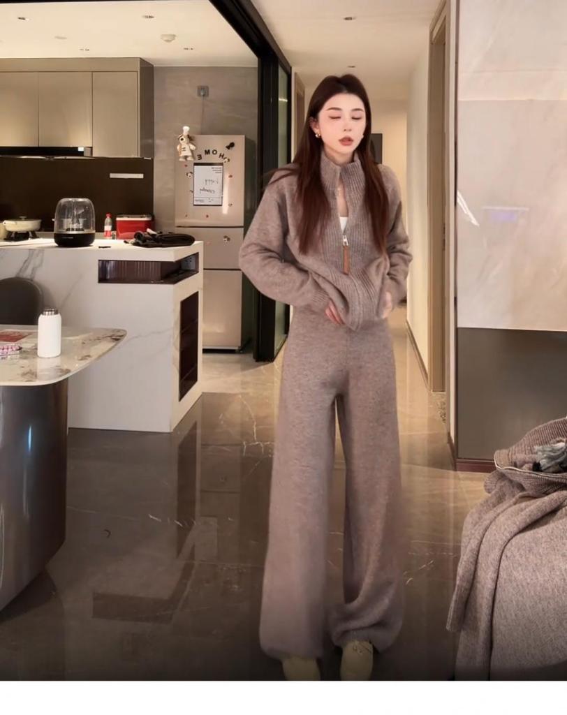 7766 Cozy Sweater & Long Pants Set - Versatile Zipper Cardigan for Autumn/Winter