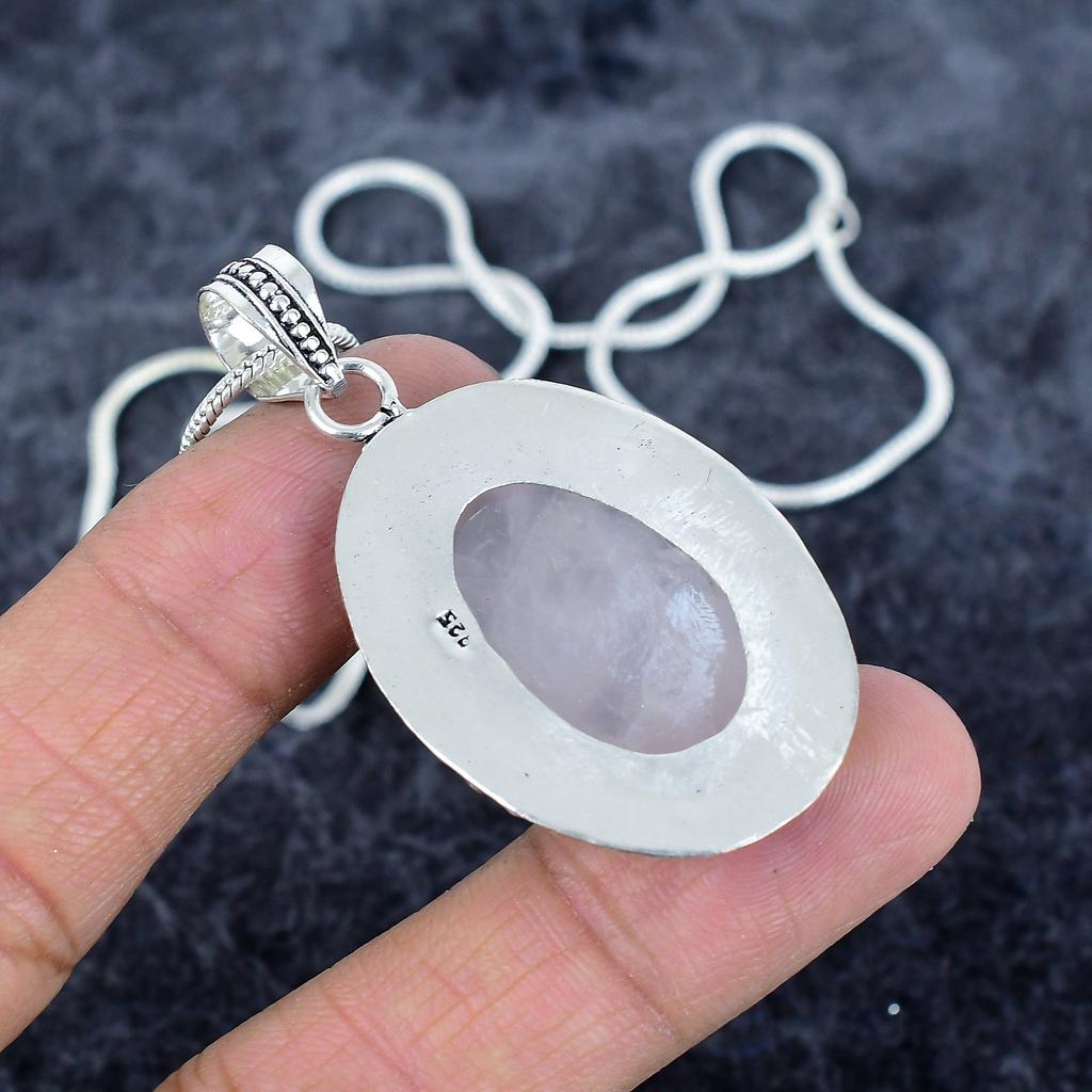 Rose Quartz Gemstone Handmade 925 Sterling Silver Jewelry Pendant 2.21" M-2978