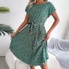 O-Neck Short Sleeve High-Waist Lace-Up Midi Dress Simple Floral Print Pleated Hem