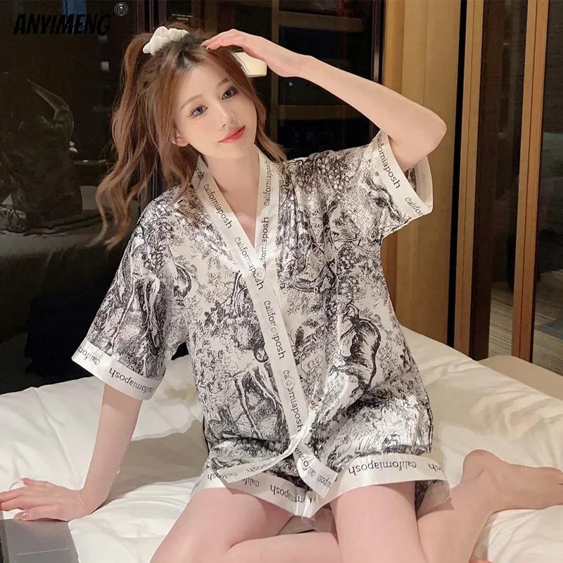 

Роскошная шелковая пижама Кимоно Ice Silks Женская пижама Комплект Летнее кимоно V-образный вырез Лацкан Домашние костюмы Повседневная домашняя одежда Сексуальная ночная рубашка 3XL