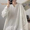 Spring Autumn Men Top V Neck Long Sleeves Oversized Solid Color Loose Mid Length Striped Texture Pullover Hip Hop Streetwear Sweatshirt