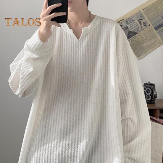 Spring Autumn Men Top V Neck Long Sleeves Oversized Solid Color Loose Mid Length Striped Texture Pullover Hip Hop Streetwear Sweatshirt