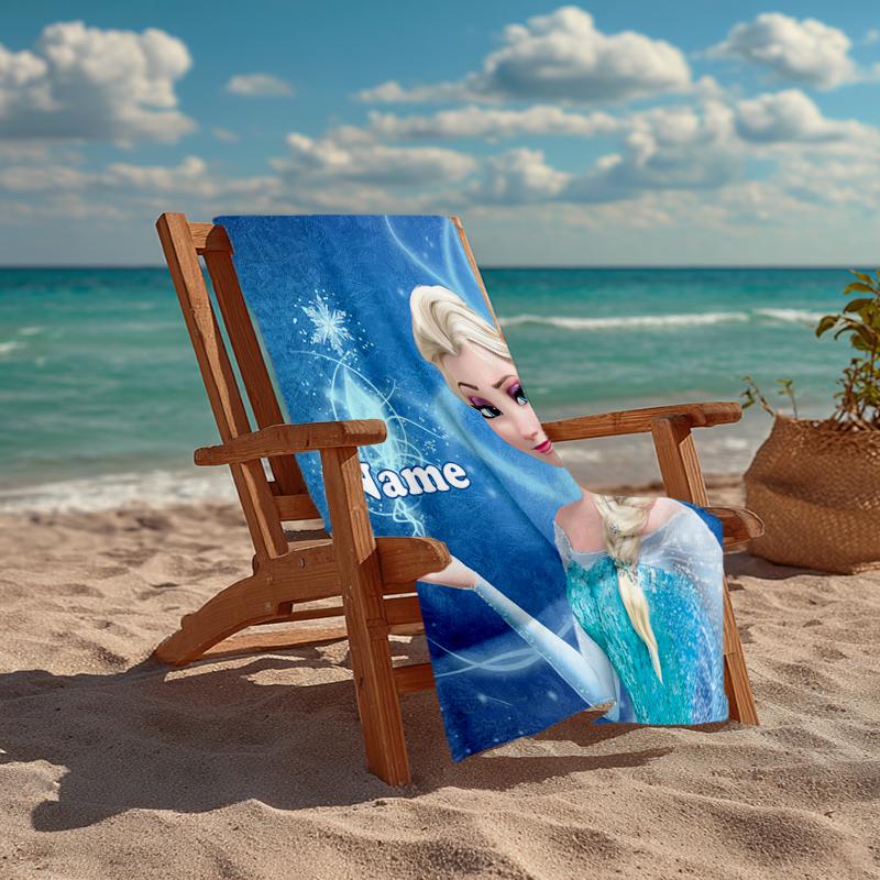 Custom Name Ultra-Soft Beach Towel with Elsa Theme,Ideal for Pool - Camping, Diving - Perfect Travel Essential, Vibrant Beach Towel.