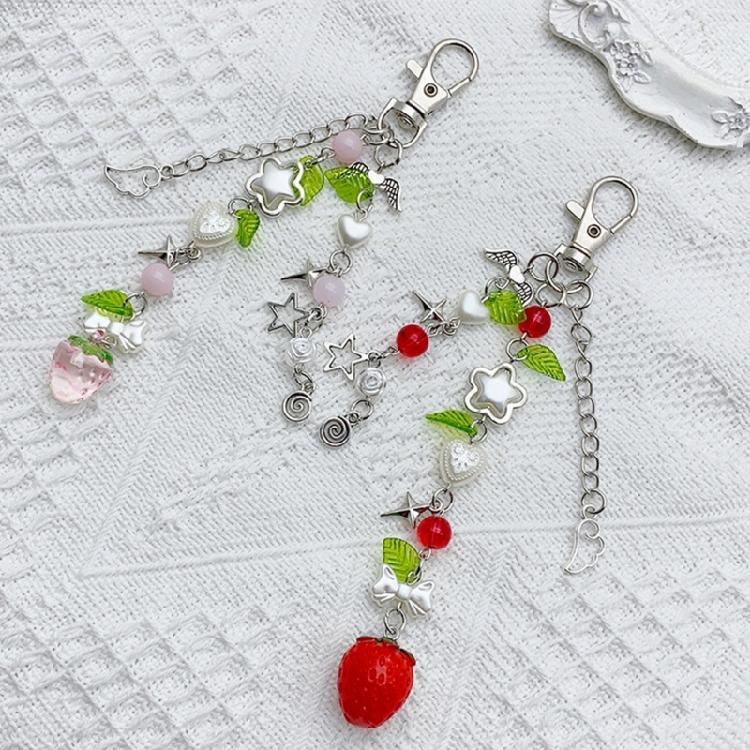 Handmade Keychain Strawberry/Peach Charm Key Chain Colorful Beaded Keyring Charm