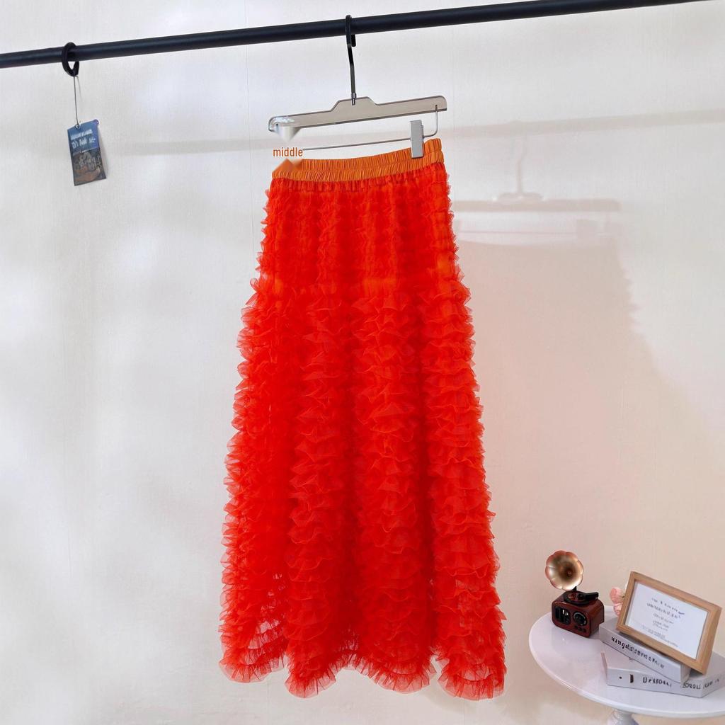 Sweet Apricot Embroidered Mesh Ruffle Midi Skirt - Fluffy, Layered and Versatile for Autumn/Winter