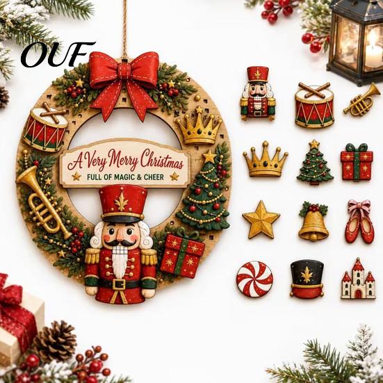 DIY Holiday Craft Decorations Interchangeable Wooden Christmas Wreath, 12 Pcs Front Door Plaque, Indoor Festive Atmosphere Decor Handmade Pattern