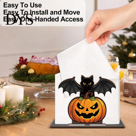 Portatovaglioli da Cucina Halloween in Legno per Tavolo, Zucca Gatto Nero Pipistrello Supporto Carta Dispenser Verticale, Asciugamano Decorazione Festa Festiva Carta