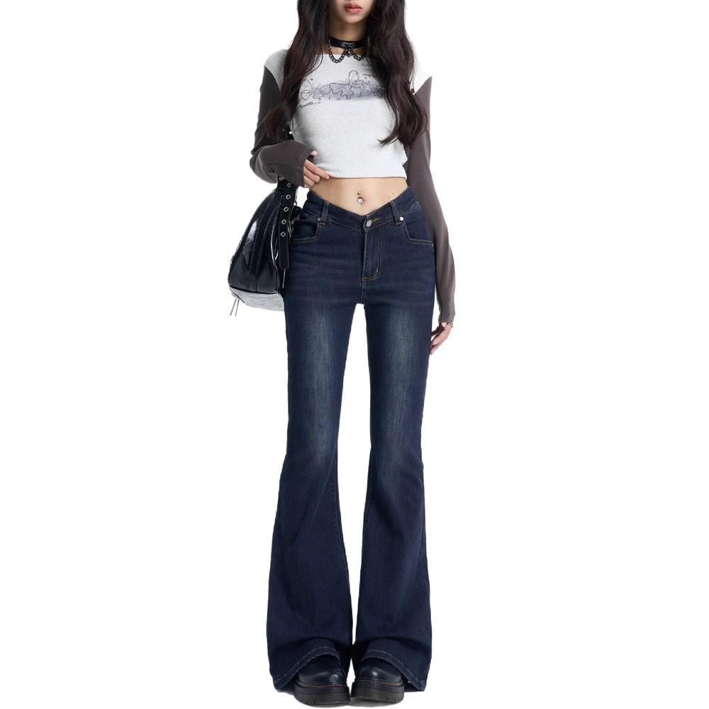 Jeans a zampa retro a vita a V da donna 2025 - Pantaloni a zampa a vita bassa trendy