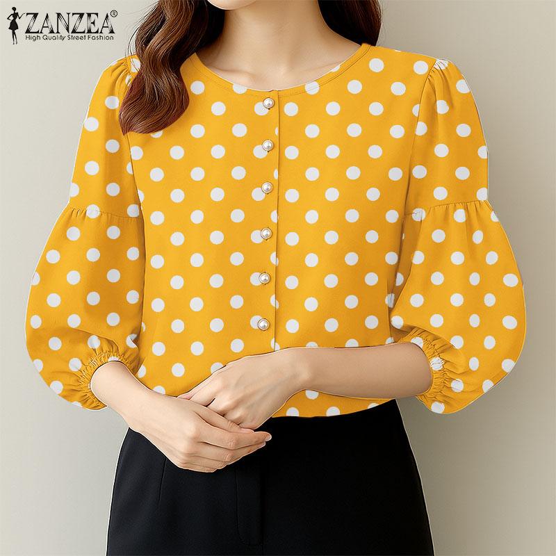 ZANZEA Women Casual V-Neck Loose Polka Dot Print 3/4 Sleeve Blouse