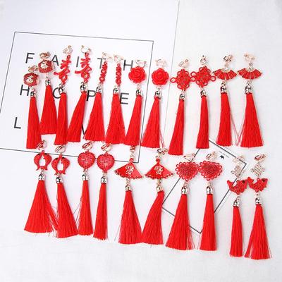 Retro Chinese Hanfu Knot Ear Clips: Long Red Tassel Earrings for Women