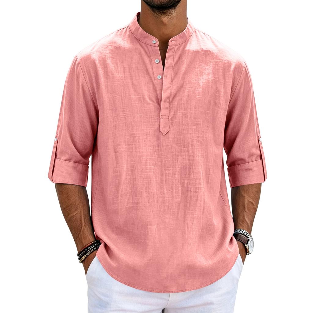 Men's Linen Long Sleeve Shirt Loose Fit Stand Collar Button Placket Casual Cotton Blend Pullover Shirt for Everyday Wear
