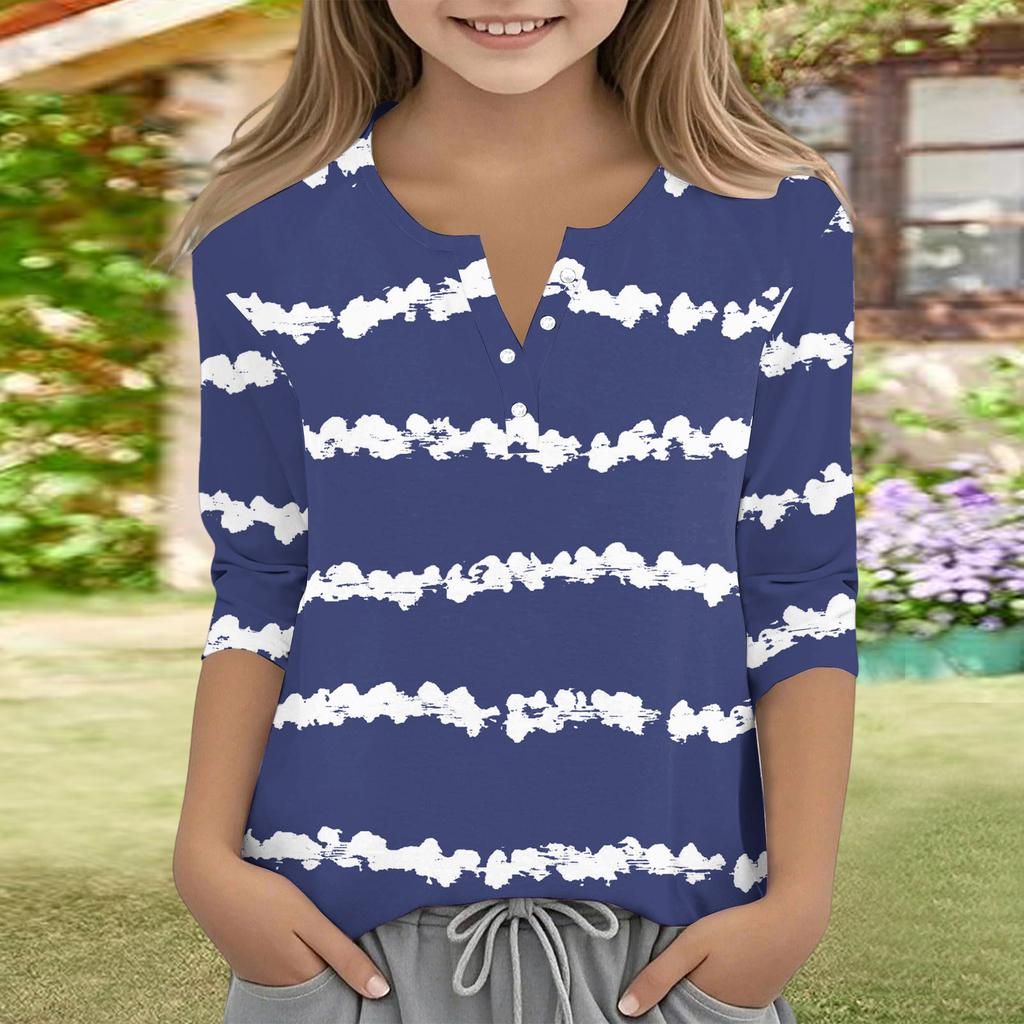 Print Tops For Youth Girls V Neck Button 3/4 Sleeves T-Shirts Trendy Tops Outfit Tees