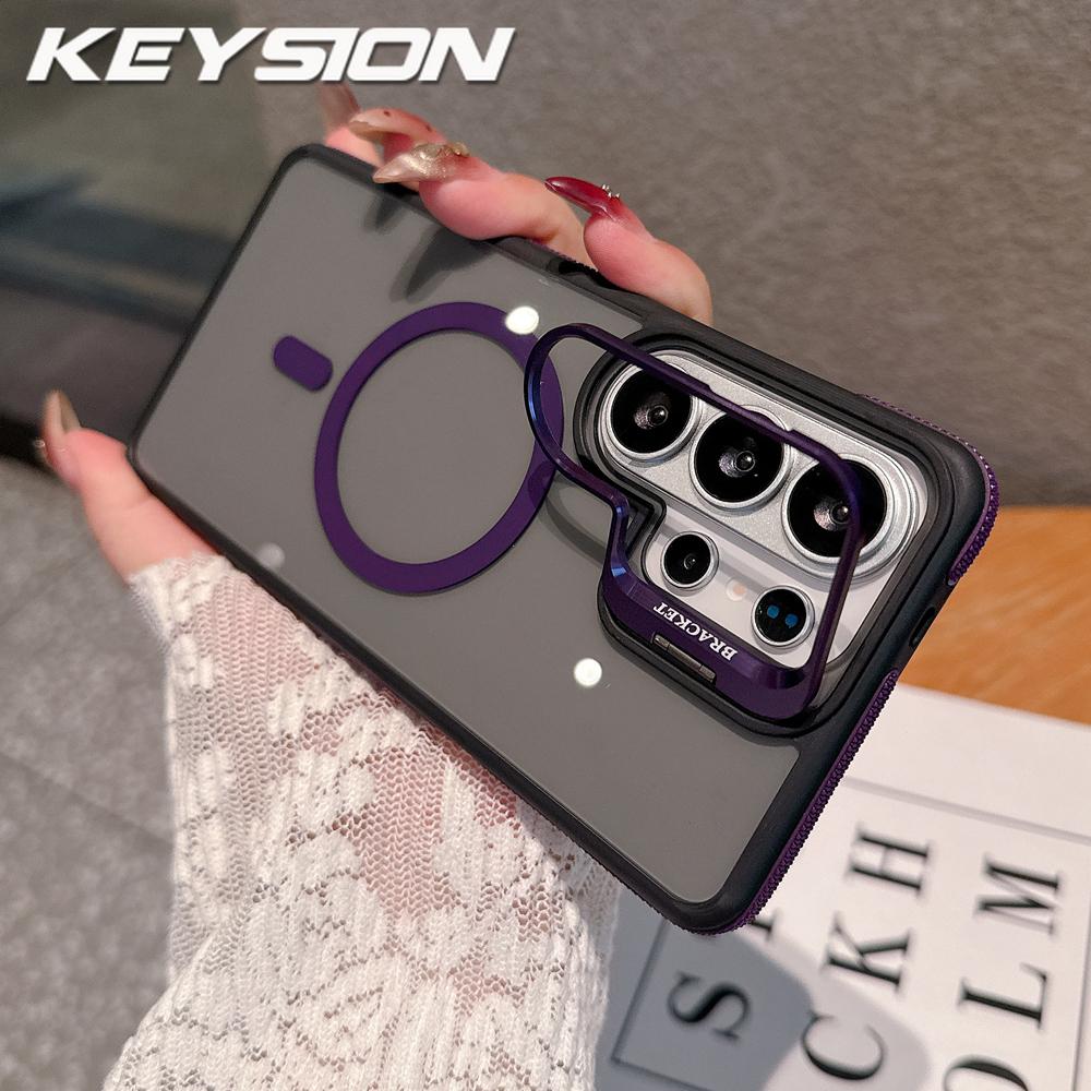 KEYSION Transparent Magnetic Lens Stand Case for Samsung Galaxy S25 S26 Ultra 5G S26+ Color Blocking Shockproof Phone Back Cover