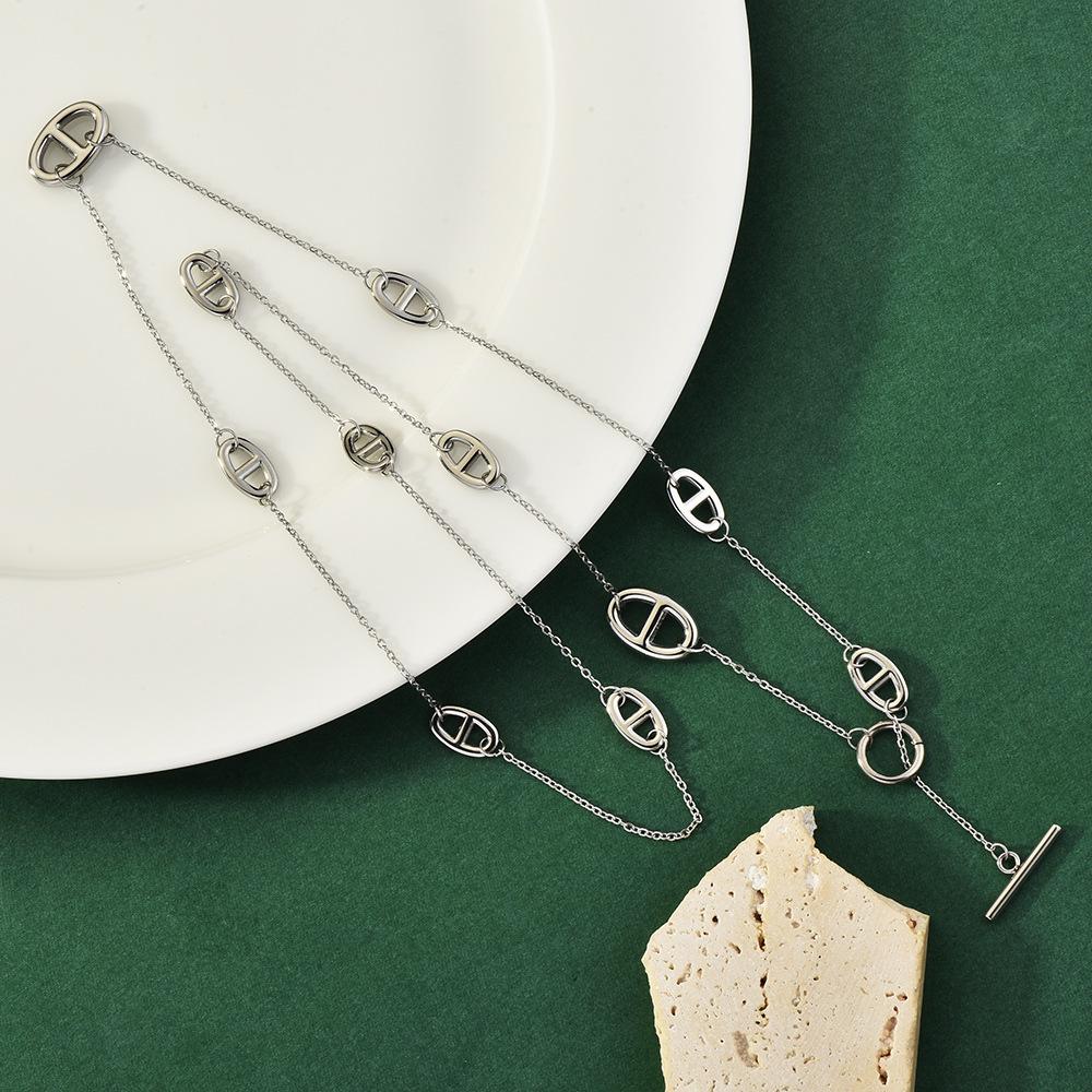Pig Nose Double Layer Stackable Necklace with OT Clasp - Trendy, Versatile, Metal Texture Ultra-Long Sweater Chain
