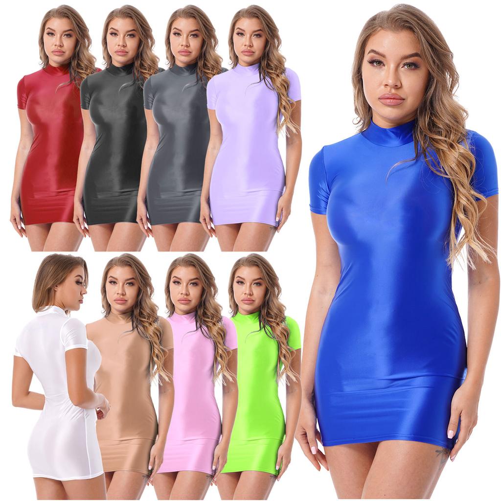 Womens Glossy Mock Neck Bodycon Dress Short Sleeve Stretchy Fabric Nightclub Party Mini Dress