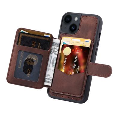 For iPhone 15 Anti-drop Leather Coated TPU Phone Case RFID Blocking Wallet Cover with Kickstand