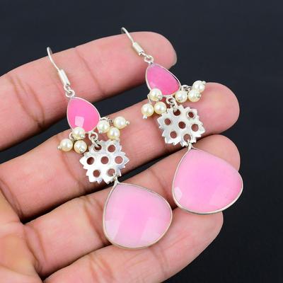 Natural Pink Chalcedony Gemstone Drop/Dangle Earrings 925 Silver For Women