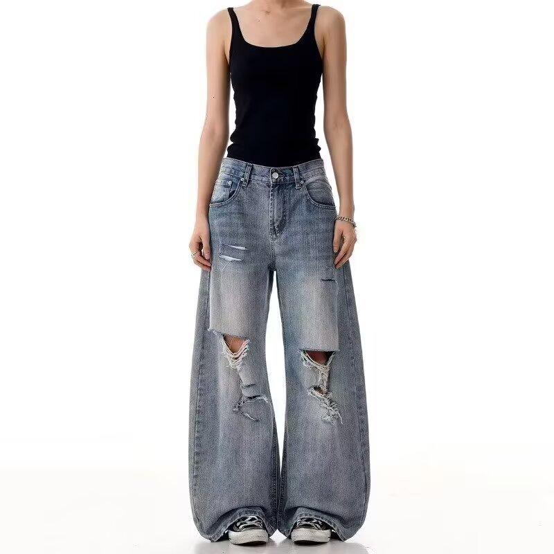 American high street ripped design feeling washed jeans men's summer trend loose casual wide-leg straight trousers