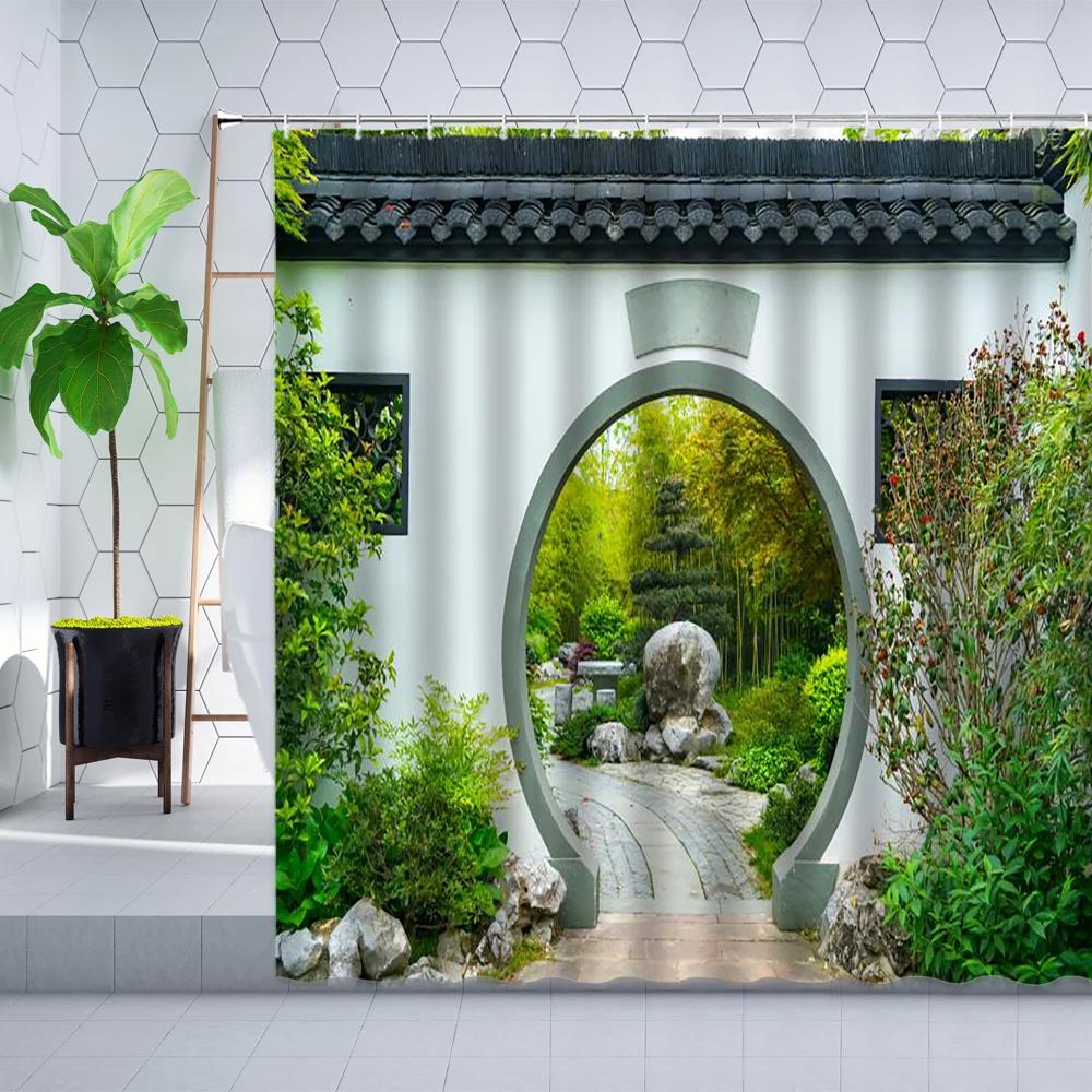 Chinese Style Shower Curtain Vintage Wood Board Garden Building Green Plant Floral Pattern Bathroom Decor Bath Curtain with Hook