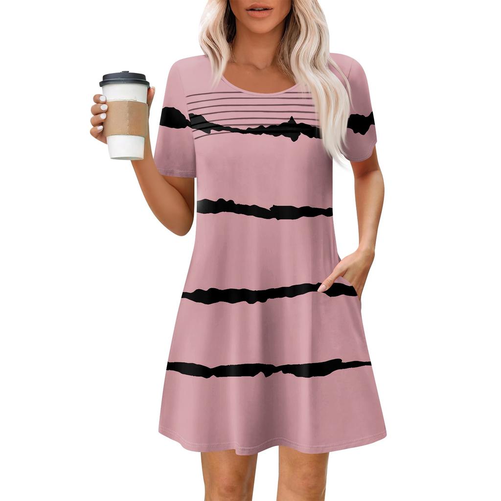 Women's Summer Casual Round Neck Pleated With Pockets Printed Short Sleeve Dresses