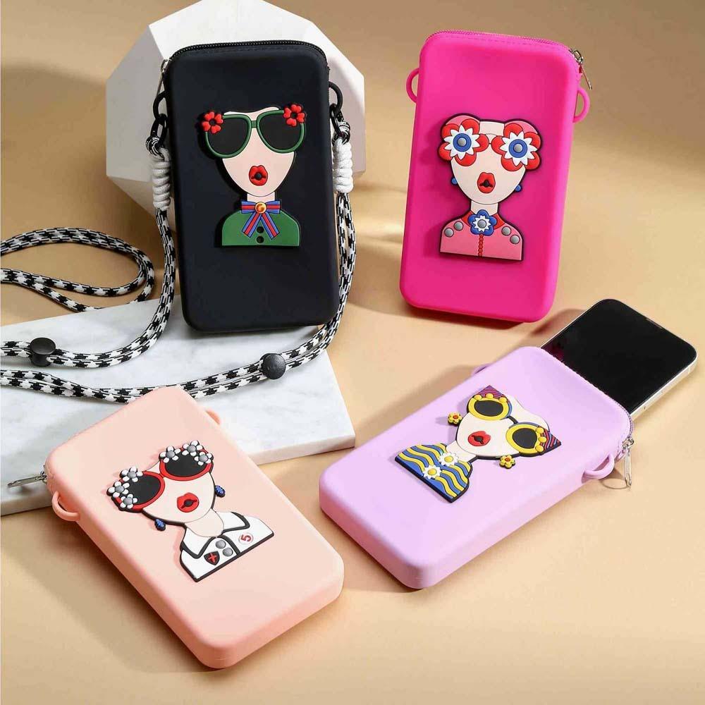 Anti-lost Hanging Neck Phone Bag Cartoon Modern Lady Storage Bag Zipper Soft Shoulder Case  School