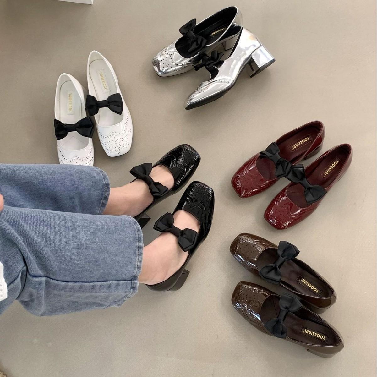 

2025 spring new round head one-word bow buckle thick high heel shallow mouth versatile Mary Jane commuter work women s shoes 39 чорний
