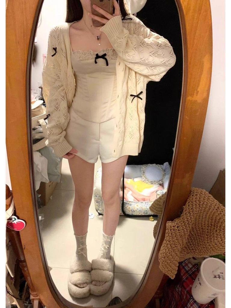 Women's Lightweight Hollow Knit Bow Cardigan Sweater