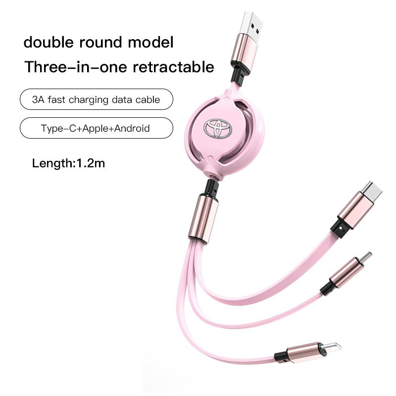 3 In 1 Retractable Mobile Phone Fast Charging Cable For Toyota Corolla Camry Asian Dragon Supra Hilux Land Cruiser GR SPORT TRD