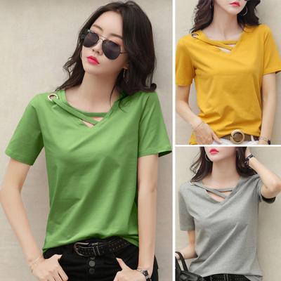 Tricou cu mânecă scurtă cu decolteu în V pentru femei, de culoare uni, bluză casual de vară