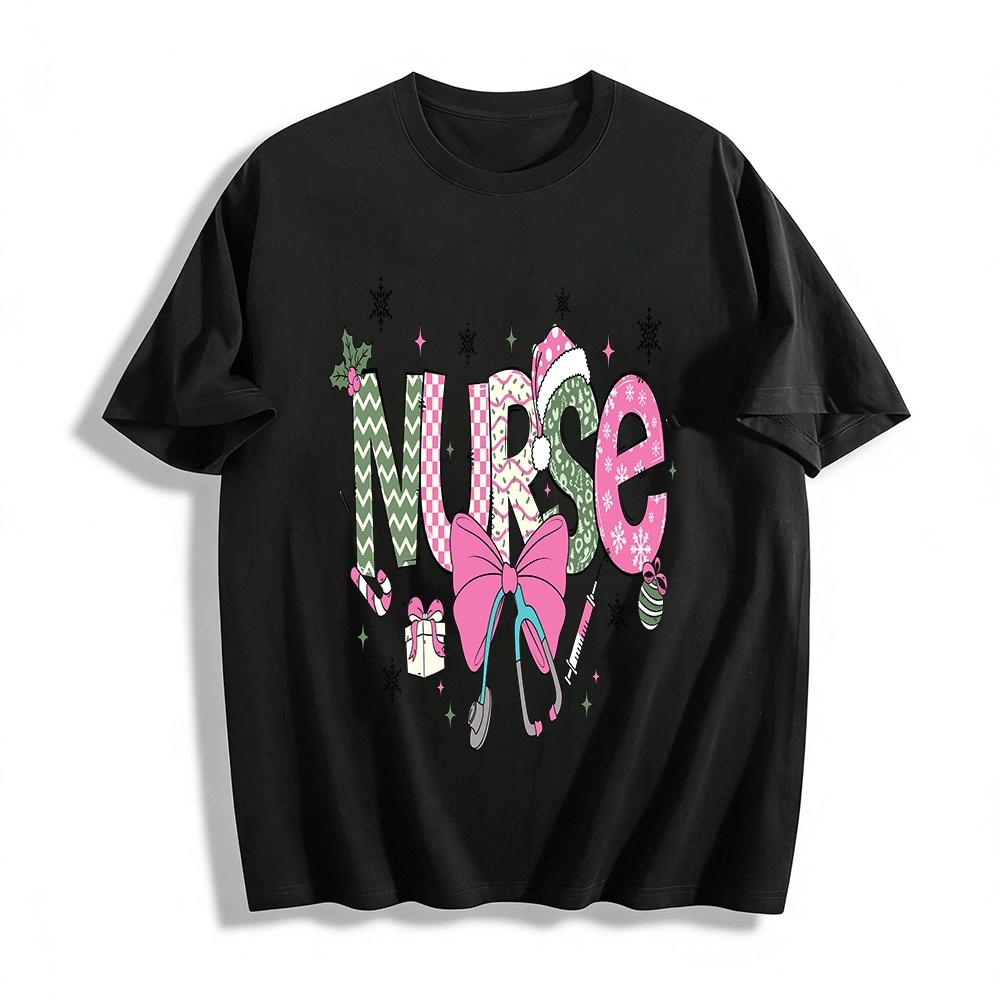 Christmas Themed Nurse Print Casual Top Pure cotton T-shirt XXS