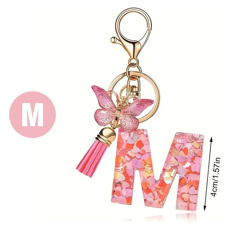 A-Z Dreamy Letters Keychain for Women Tassels Butterfly Pendant Initial Keyrings Purse Suspension Bags Car Key Chain Pink
