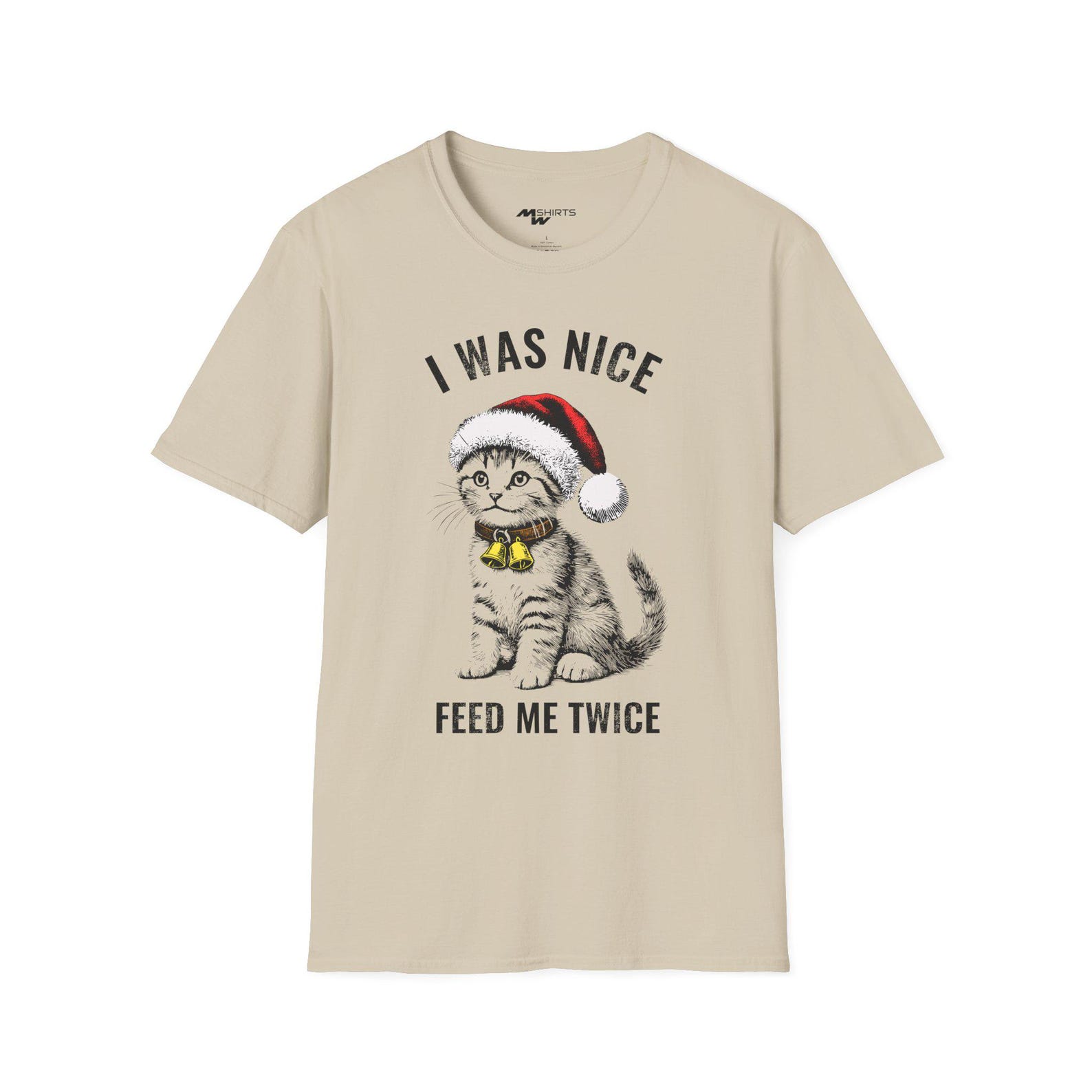 I ve Been Nice, Feed Me Twice/ Engraving-Style Christmas Kitten T-Shirt/ Unisex Softstyle T-Shirt L