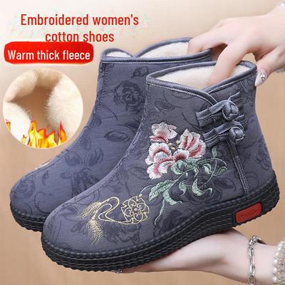 Women's Embroidered Winter Ankle Boots - Warm Velvet Lining, Chinese Style Cotton Shoes for Mom
