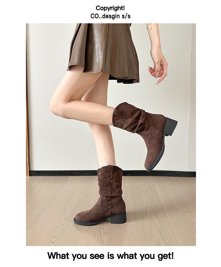 859-1 Retro Ruched Stacked Boots: 2025 Autumn/Winter Square Toe Chunky Heel Fashion Ankle Boots with Inner Height Increase.