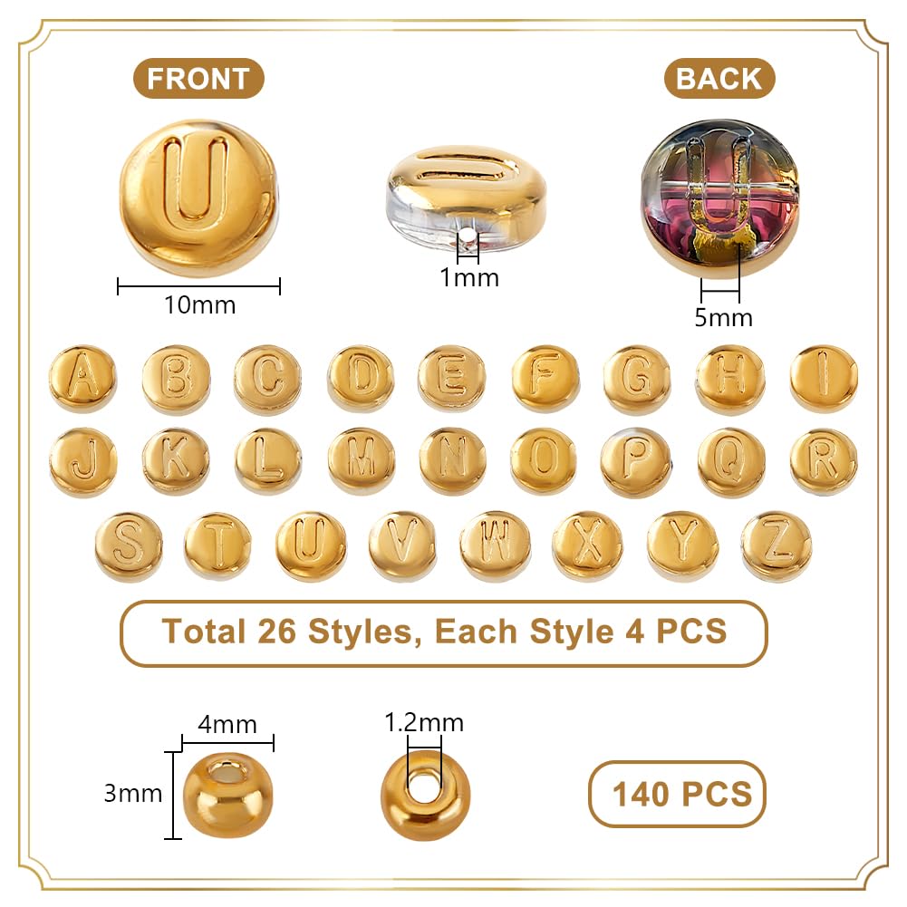 26 Styles Electroplated Glass Bead Flat Round with Letter Gold 1Set Glass Seed Beads Mixed Shapes 4~10x3~5mm Hole: 1~1.2mm