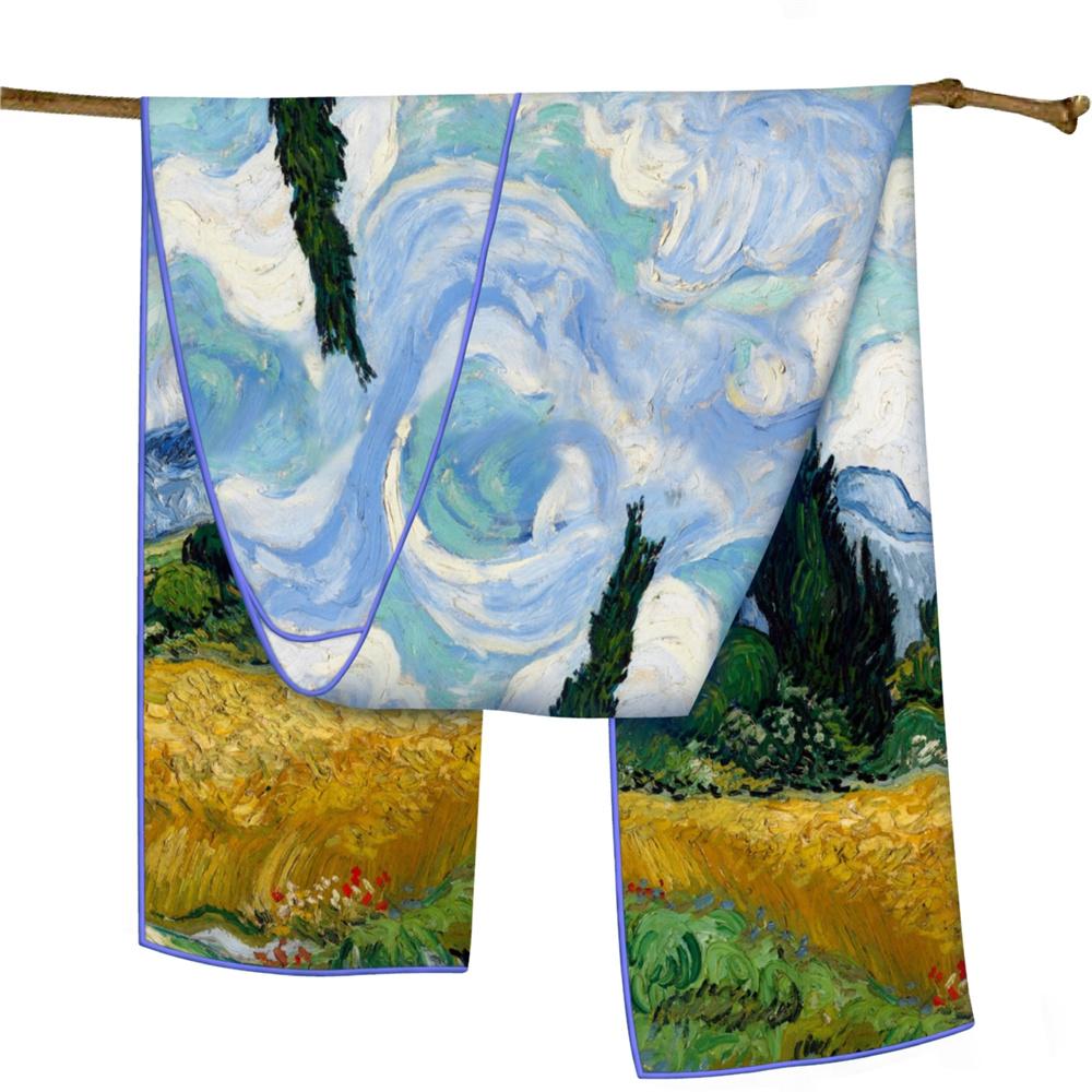 POBING Twill Silk Scarf Women Poncho Hand Rolled Luxury Oil Painting Long Scarves Wraps Bandana Big Shawl Hijabs Female Foulard