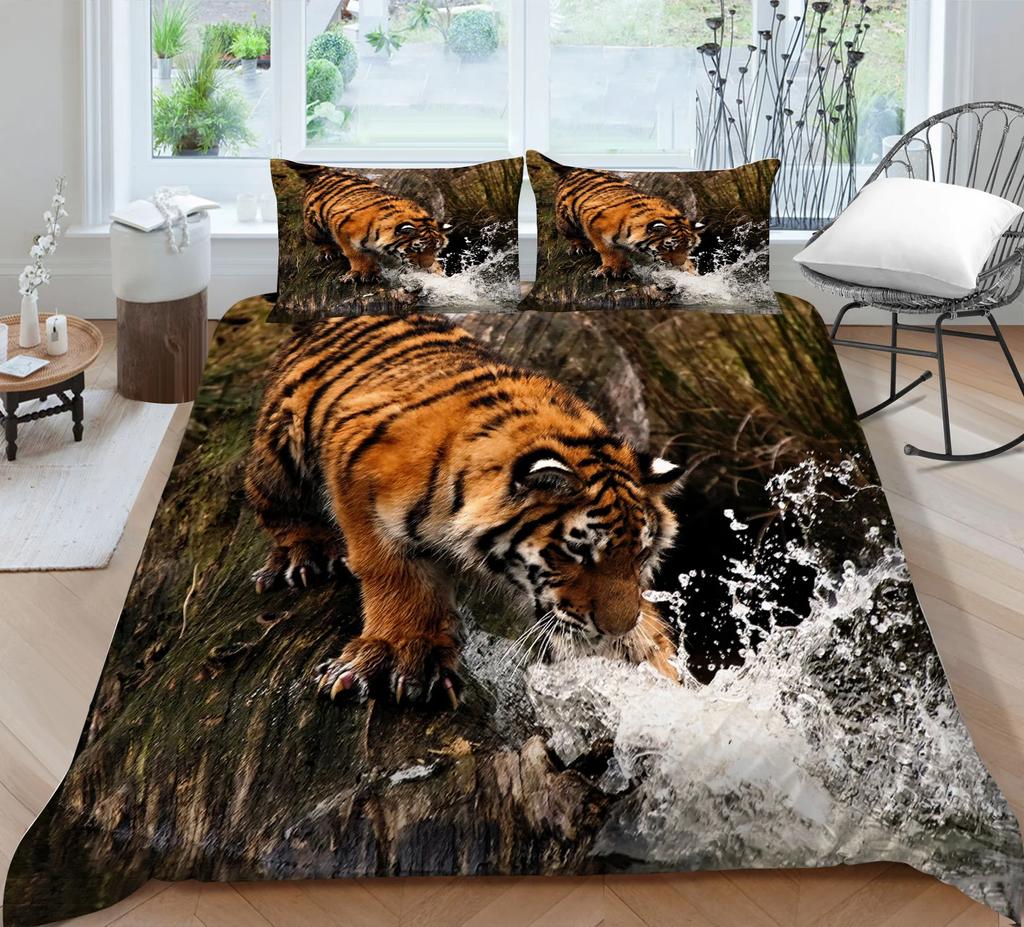 3D Bedding Set Black Duvet Quilt Cover Set Comforter Cover Pillowcase King Queen Size Animal Tiger Printed Polyester Quilt Cover