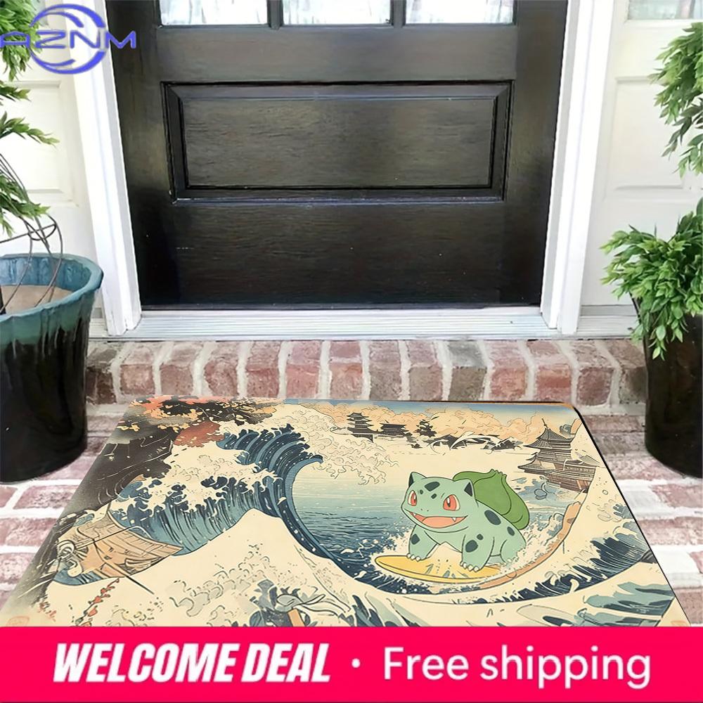 Pokemon Bulbasaur Surfing Great Wave Print Doormat Anti-slip Absorbent Floor Mat for Home Entrance Bedroom Living Room Decor