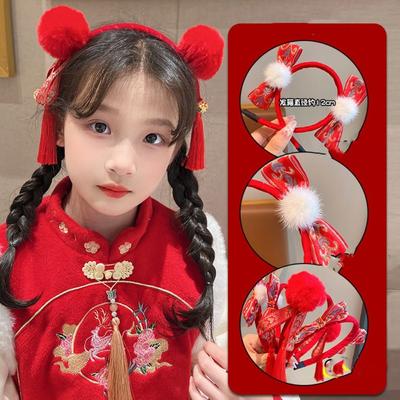 Red Hairband New Year Hair Band Tassel Chinese Style Headdress Red Bow Headband  Children